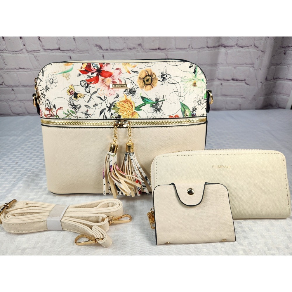 Set Elim & Paul Floral & Butterfly Garden Ivory Purse Wallet + Crossbody Handbag
